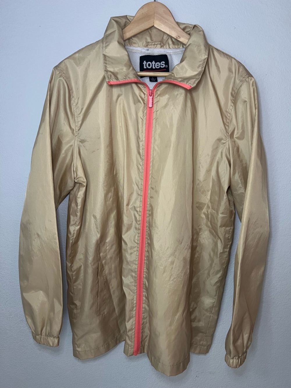 Totes Jacket Sz L Women’s Tan Full Zipper Windbreaker Raincoat Missing Hood